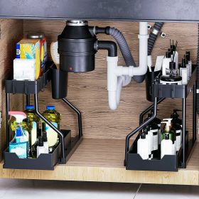 2 Pack 2-Tier Under Sink Organizer L-Shape Sliding Cabinet Organizers Storage Shelves with 8 Removable Hooks 2 Hanging Cups for Bathroom Kitchen