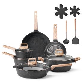 17 Piece Pots and Pans Set Granite Nonstick Kitchen Cookware Induction Black