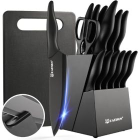 16 Pieces Kitchen Knife Block Set With Cutting Board, German Stainless Steel Knife Set With Sharpener, Dishwasher Safe, Anti-Slip Handle, 6 Steak Kniv (Option: Black-16Pieces)