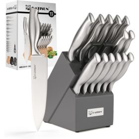 Kitchen Knife Set, 15 Pieces Knife Set With Block, Knives Set For Kitchen, Silver Hollow Ergonomic Handle For Chef Knife Set, Kitchen Shears,Black Kni (Option: Sliver)