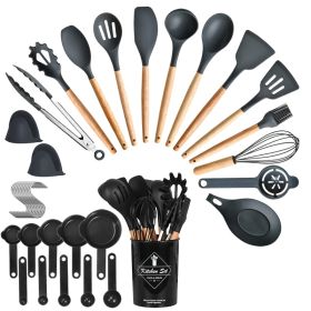 4 Colors Options -- Set Of 35Pcs Kitchen Cooking Utensils Set Spatula Set Baking Utensil Set Kitchen Accessories Necessities With Holder Egg Whisk Sep (Option: Black)