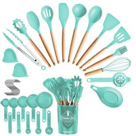 4 Colors Options -- Set Of 35Pcs Kitchen Cooking Utensils Set Spatula Set Baking Utensil Set Kitchen Accessories Necessities With Holder Egg Whisk Sep (Option: Green)