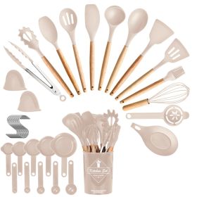 4 Colors Options -- Set Of 35Pcs Kitchen Cooking Utensils Set Spatula Set Baking Utensil Set Kitchen Accessories Necessities With Holder Egg Whisk Sep (Option: Khaki)