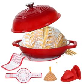 Enameled Cast Iron Dutch Oven With Lid,11" Bread Oven,6 Quart Enamel Bread Pan,Dutch Oven For Sourdough Baking-with Silicone Mat,Thick Enamel Oven Pan (Option: Red)