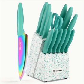 14-Piece Rainbow Colored High Carbon Stainless Steel Kitchen Knife Set, Titanium Coated Blade, Rust-Free & Super Sharp, Flatware Set With Wooden Stand (Option: Green)