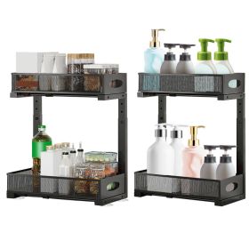 2Pcs Under Sink Organizer 2 Tier Pull Out Cabinet Baskets Storage Shelf Sliding Storage Drawers Rack with 5 Adjustable Height Mesh Baskets for Home Ki (Color: Black)